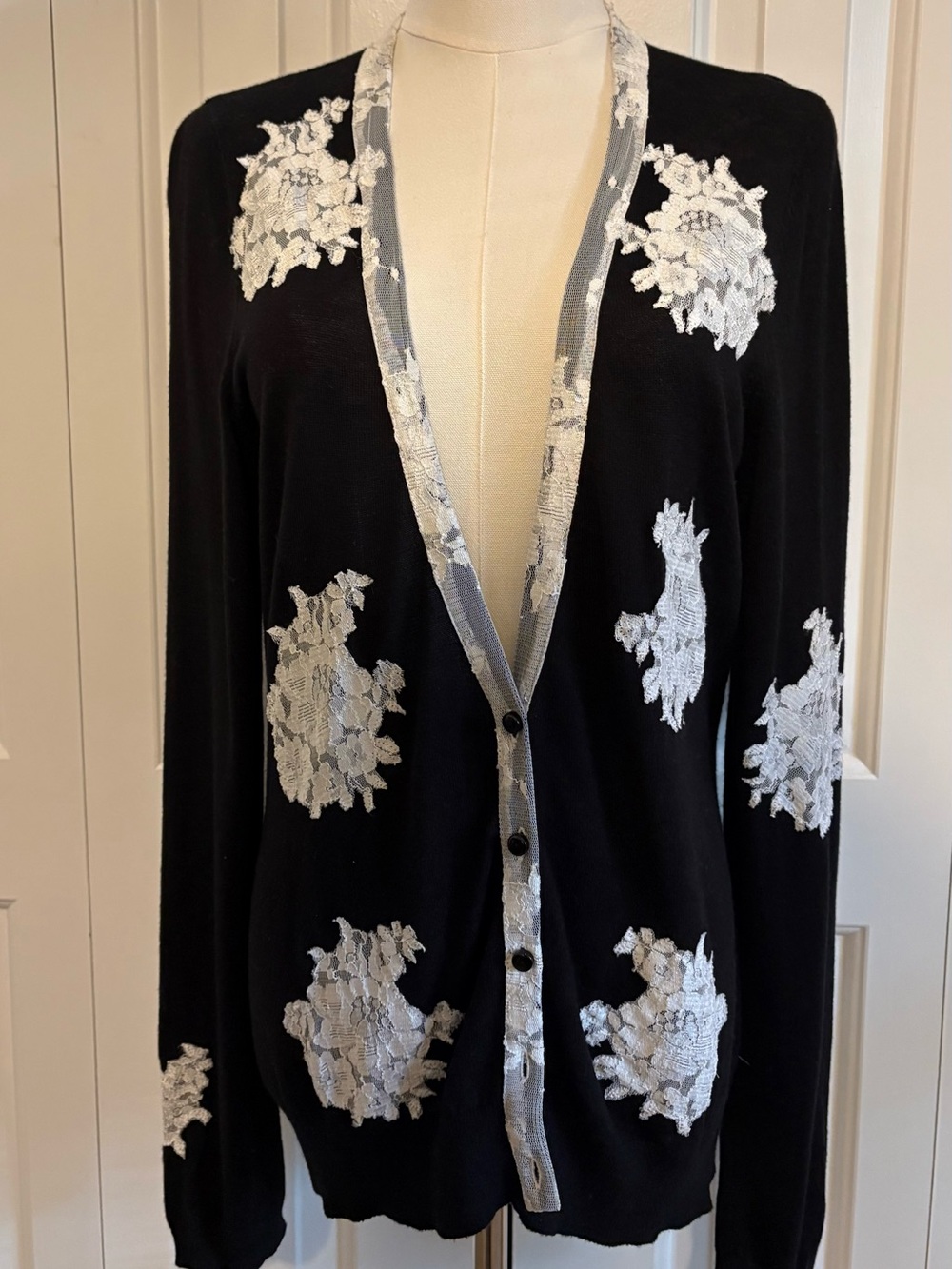 BOUTIQUE ESSENTIALS, Black Cardigan with White Lace Appliqués